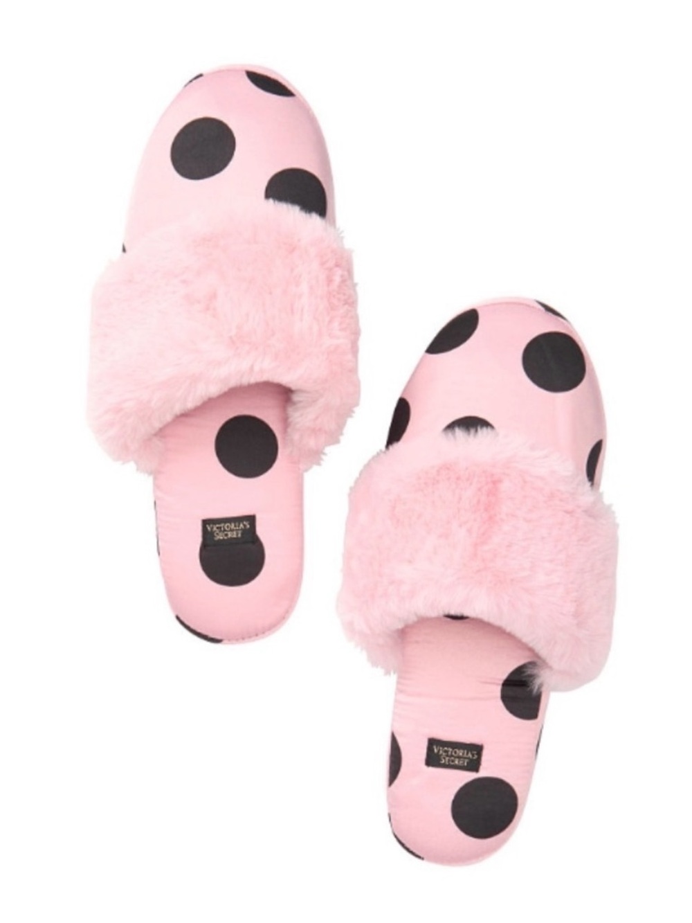 Victoria's Secret Pink Slippers with Black Polka Dots & Faux Fur Strap Size M-9